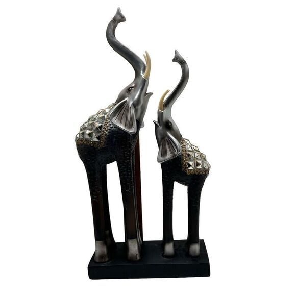 Vintage Mother & Baby Elephant Statue 17"x 7.5" Silver Gold-tone Metal & Wood - Picture 11 of 13